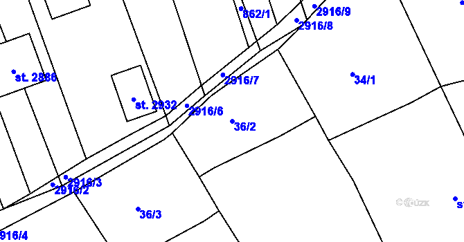 Parcela st. 36/2 v KÚ Horní Bělá, Katastrální mapa