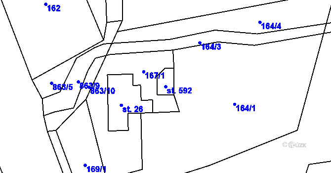 Parcela st. 592 v KÚ Prostřední Bludovice, Katastrální mapa