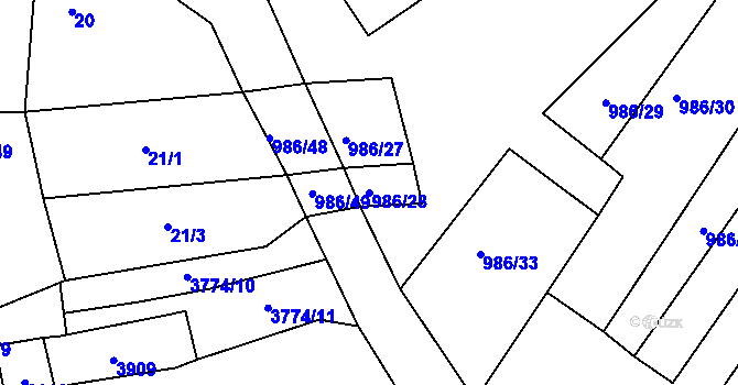 Parcela st. 986/28 v KÚ Horní Bojanovice, Katastrální mapa