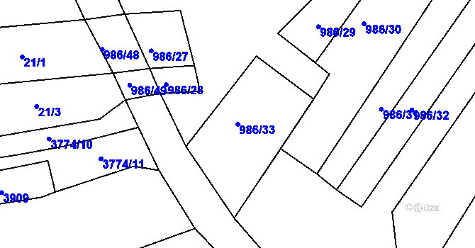 Parcela st. 986/33 v KÚ Horní Bojanovice, Katastrální mapa
