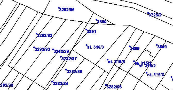 Parcela st. 316/3 v KÚ Horní Bojanovice, Katastrální mapa