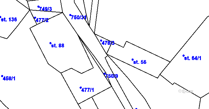 Parcela st. 750/28 v KÚ Horní Bousov, Katastrální mapa