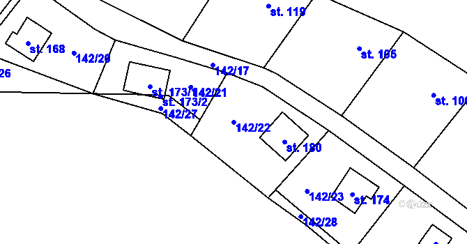 Parcela st. 142/22 v KÚ Travná u Horního Bradla, Katastrální mapa
