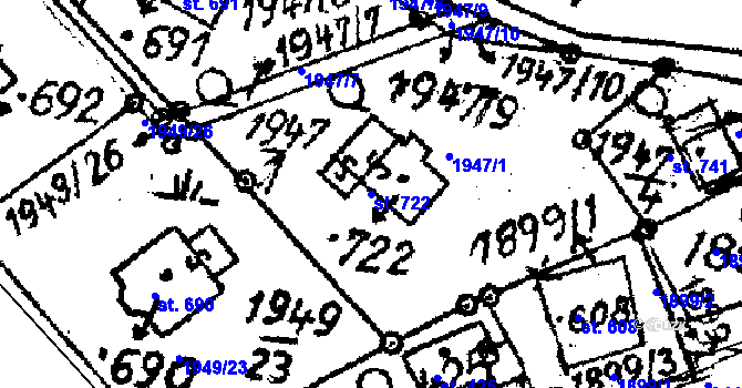 Parcela st. 722 v KÚ Horní Branná, Katastrální mapa