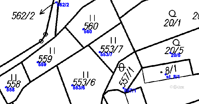 Parcela st. 553/7 v KÚ Horní Hradiště, Katastrální mapa