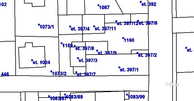 Parcela st. 397/9 v KÚ Horní Jelení, Katastrální mapa