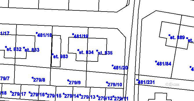 Parcela st. 835 v KÚ Horní Jelení, Katastrální mapa