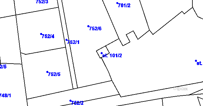 Parcela st. 101/2 v KÚ Horní Jiřetín, Katastrální mapa