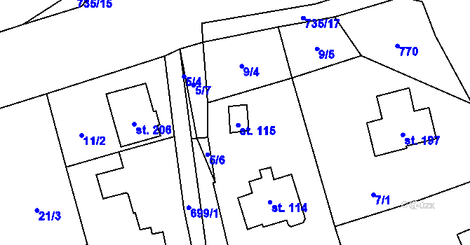 Parcela st. 115 v KÚ Hosov, Katastrální mapa