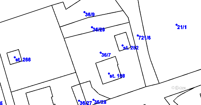 Parcela st. 36/7 v KÚ Hosov, Katastrální mapa