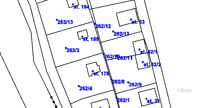 Parcela st. 262/10 v KÚ Hosov, Katastrální mapa