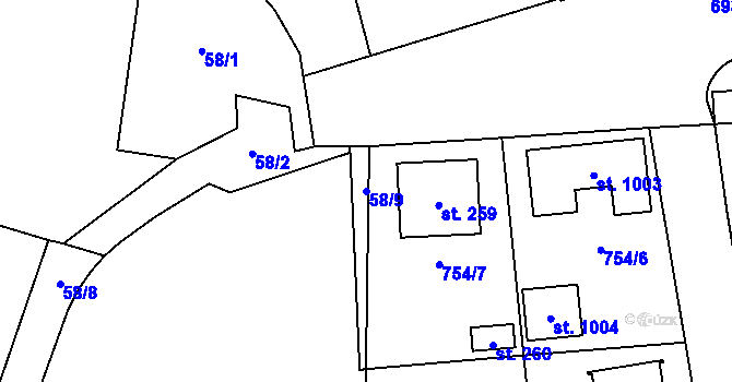 Parcela st. 58/9 v KÚ Hosov, Katastrální mapa