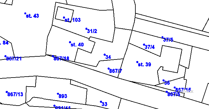 Parcela st. 34 v KÚ Horní Libochová, Katastrální mapa