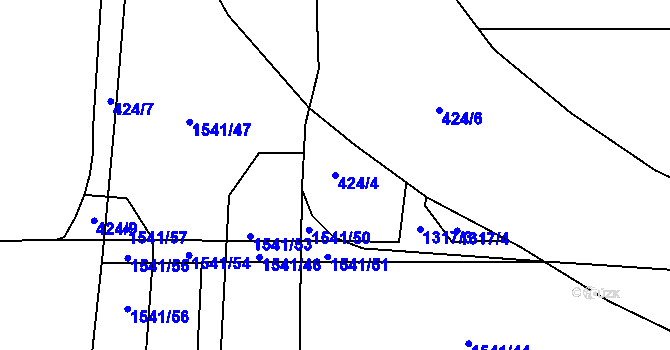 Parcela st. 424/4 v KÚ Horní Moštěnice, Katastrální mapa