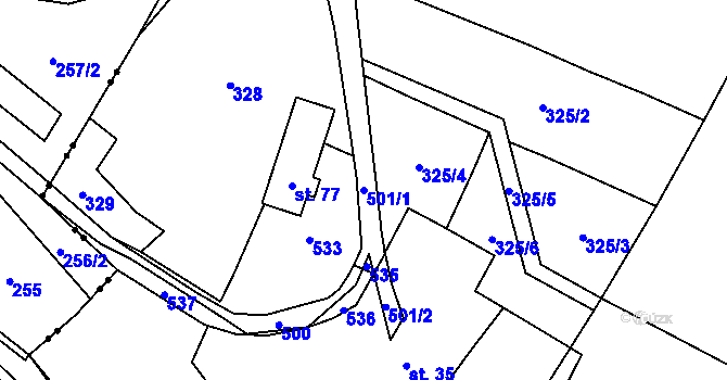 Parcela st. 501/1 v KÚ Prostřední Olešnice, Katastrální mapa