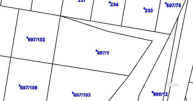 Parcela st. 697/1 v KÚ Horní Planá, Katastrální mapa