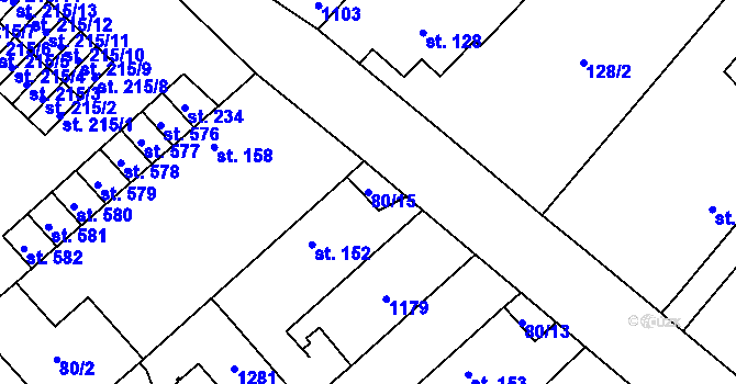Parcela st. 80/15 v KÚ Horní Počaply, Katastrální mapa