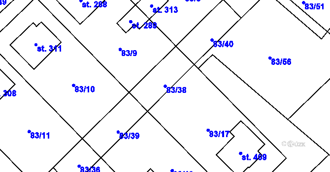 Parcela st. 83/38 v KÚ Horní Počaply, Katastrální mapa