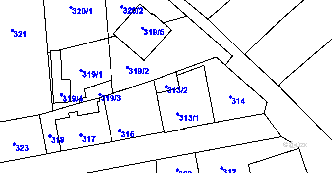 Parcela st. 313/2 v KÚ Horní Počernice, Katastrální mapa