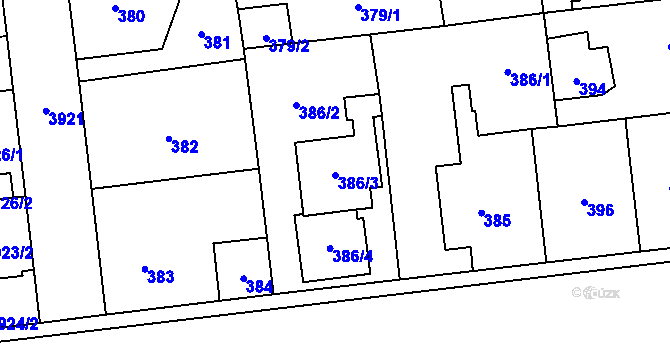 Parcela st. 386/3 v KÚ Horní Počernice, Katastrální mapa