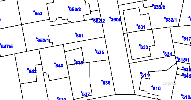 Parcela st. 635 v KÚ Horní Počernice, Katastrální mapa