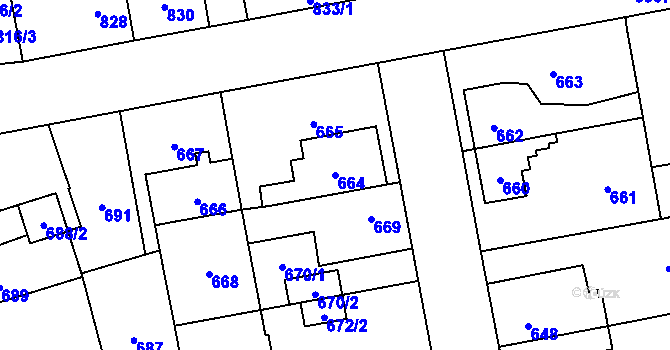 Parcela st. 664 v KÚ Horní Počernice, Katastrální mapa