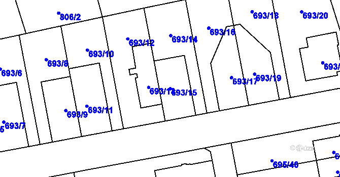 Parcela st. 693/15 v KÚ Horní Počernice, Katastrální mapa