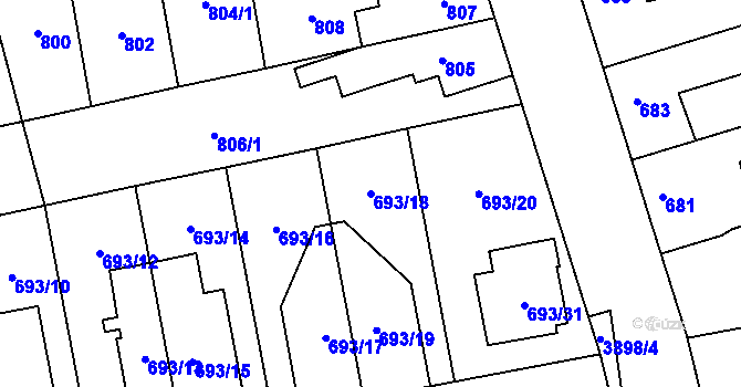 Parcela st. 693/18 v KÚ Horní Počernice, Katastrální mapa