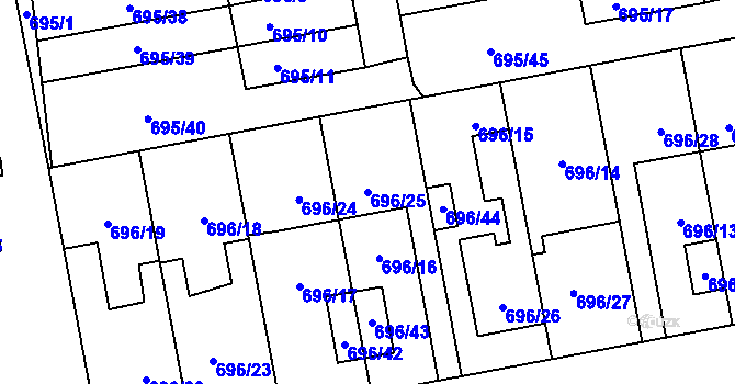 Parcela st. 696/25 v KÚ Horní Počernice, Katastrální mapa