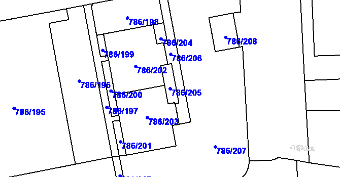 Parcela st. 786/205 v KÚ Horní Počernice, Katastrální mapa