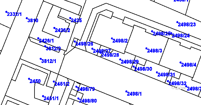 Parcela st. 2498/28 v KÚ Horní Počernice, Katastrální mapa