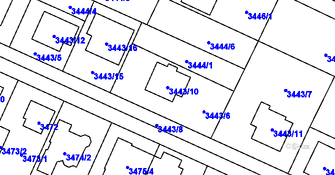 Parcela st. 3443/10 v KÚ Horní Počernice, Katastrální mapa