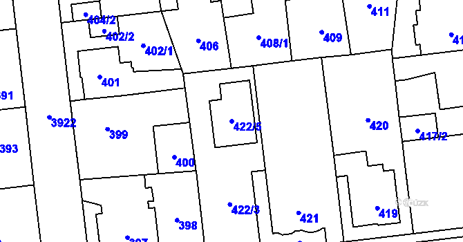 Parcela st. 422/5 v KÚ Horní Počernice, Katastrální mapa