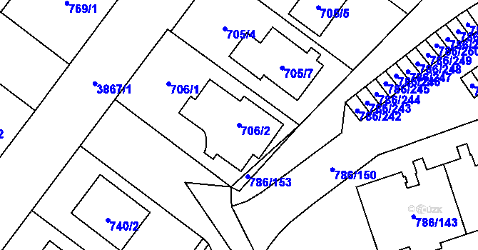 Parcela st. 706/2 v KÚ Horní Počernice, Katastrální mapa