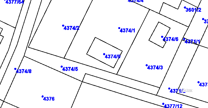 Parcela st. 4374/9 v KÚ Horní Počernice, Katastrální mapa