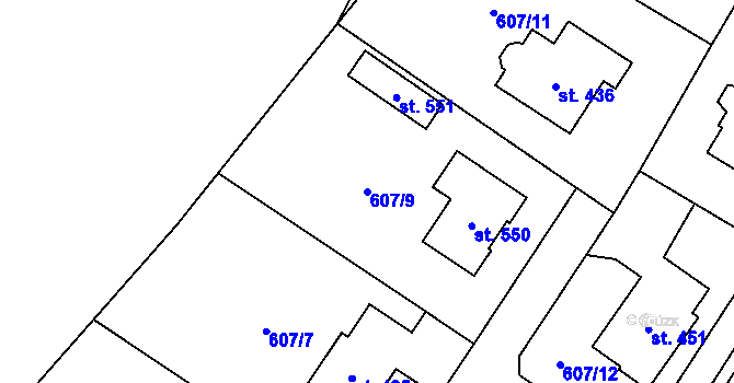 Parcela st. 607/9 v KÚ Horní Ředice, Katastrální mapa