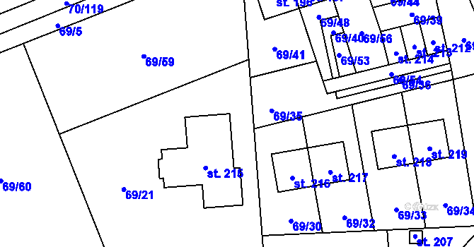 Parcela st. 69/1 v KÚ Horní Stakory, Katastrální mapa