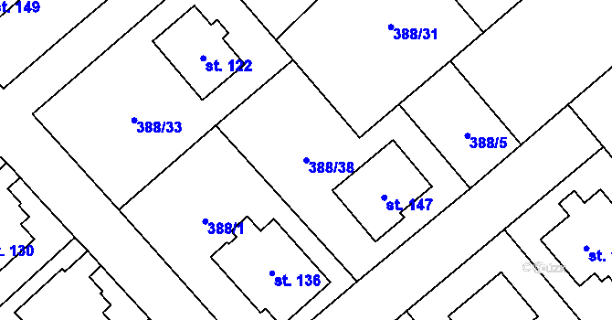 Parcela st. 388/38 v KÚ Horní Stakory, Katastrální mapa