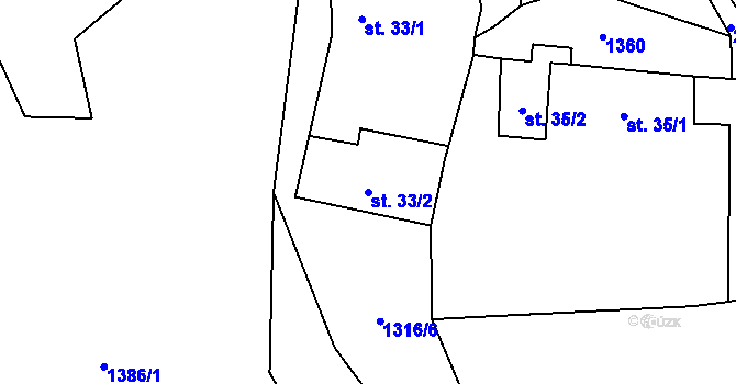 Parcela st. 33/2 v KÚ Svébohy, Katastrální mapa