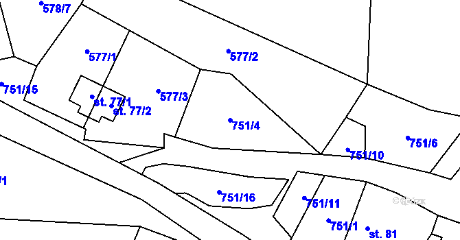 Parcela st. 751/4 v KÚ Hudeč, Katastrální mapa