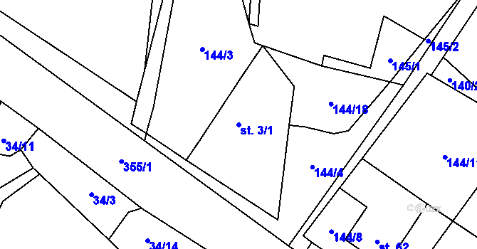 Parcela st. 3/1 v KÚ Podmoklany, Katastrální mapa