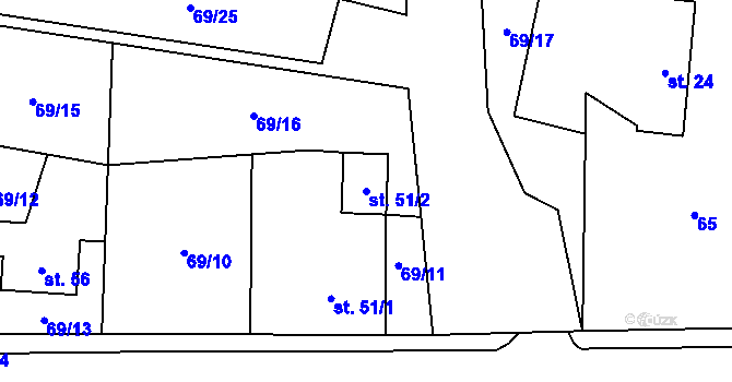 Parcela st. 51/2 v KÚ Podmoklany, Katastrální mapa