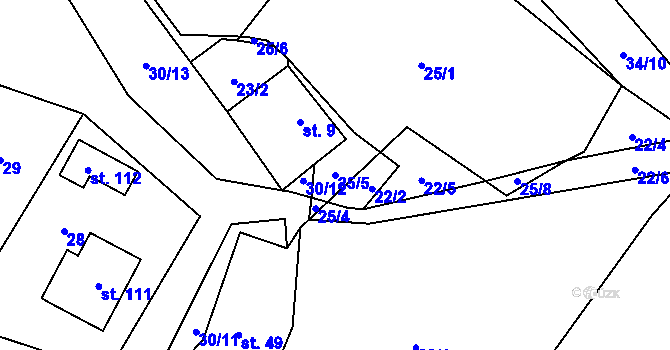 Parcela st. 25/5 v KÚ Podmoklany, Katastrální mapa