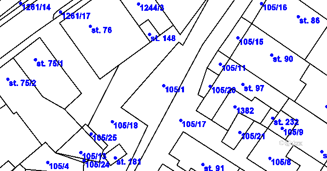 Parcela st. 105/1 v KÚ Horní Ves, Katastrální mapa