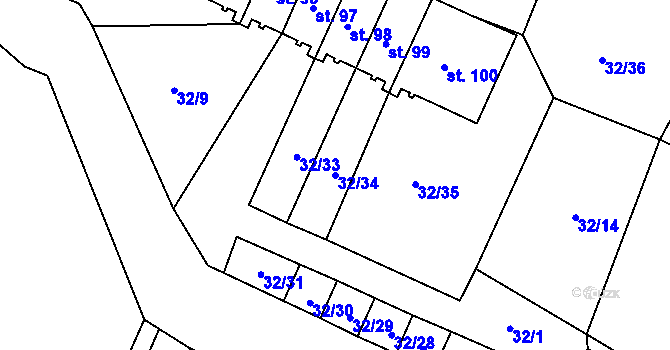 Parcela st. 32/34 v KÚ Kubova Huť, Katastrální mapa