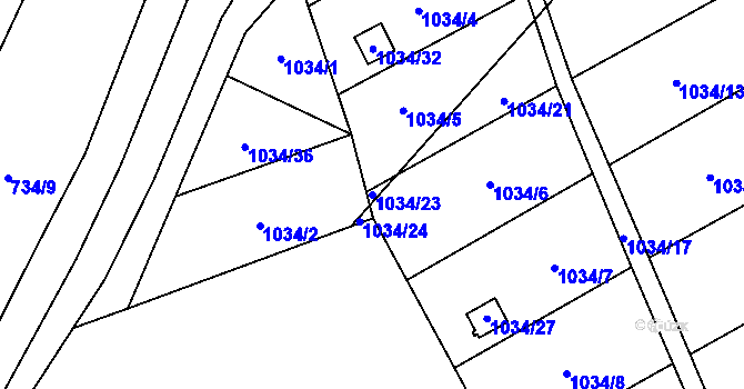Parcela st. 1034/23 v KÚ Horní Žukov, Katastrální mapa