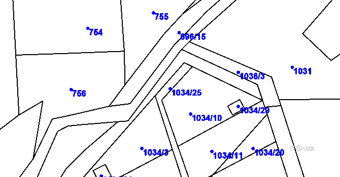 Parcela st. 1034/25 v KÚ Horní Žukov, Katastrální mapa