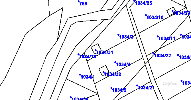 Parcela st. 1034/31 v KÚ Horní Žukov, Katastrální mapa