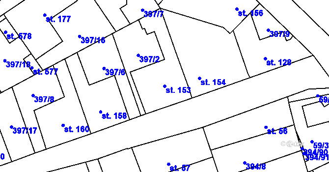 Parcela st. 153 v KÚ Horoměřice, Katastrální mapa