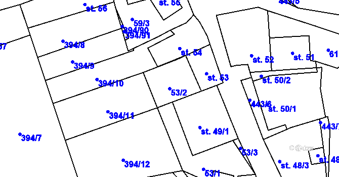 Parcela st. 53/2 v KÚ Horoměřice, Katastrální mapa